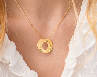 Customized 2 Rings Russian Rings Pendant Necklace with CZ and Diamond • Multiple Circle Pendants Engraving • Silver Jewelry Family Mom Wife