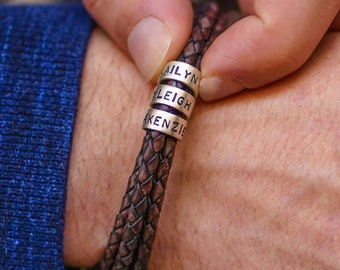 Men's Bracelet with Custom Silver Beads • Black / Brown Leather Cord with Engraving • Names Personalized Jewelry • Father's Day Gift for Him