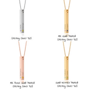 Custom Engraved 3D Vertical Bar Birthstones Necklace Silver or Gold Personalized 4 Side Bar Jewelry for Mom Mother's Day Gift image 3