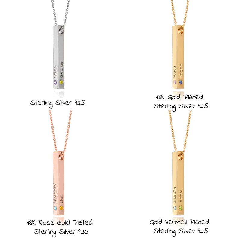 Custom Engraved 3D Vertical Bar Birthstones Necklace Silver or Gold Personalized 4 Side Bar Jewelry for Mom Mother's Day Gift image 3