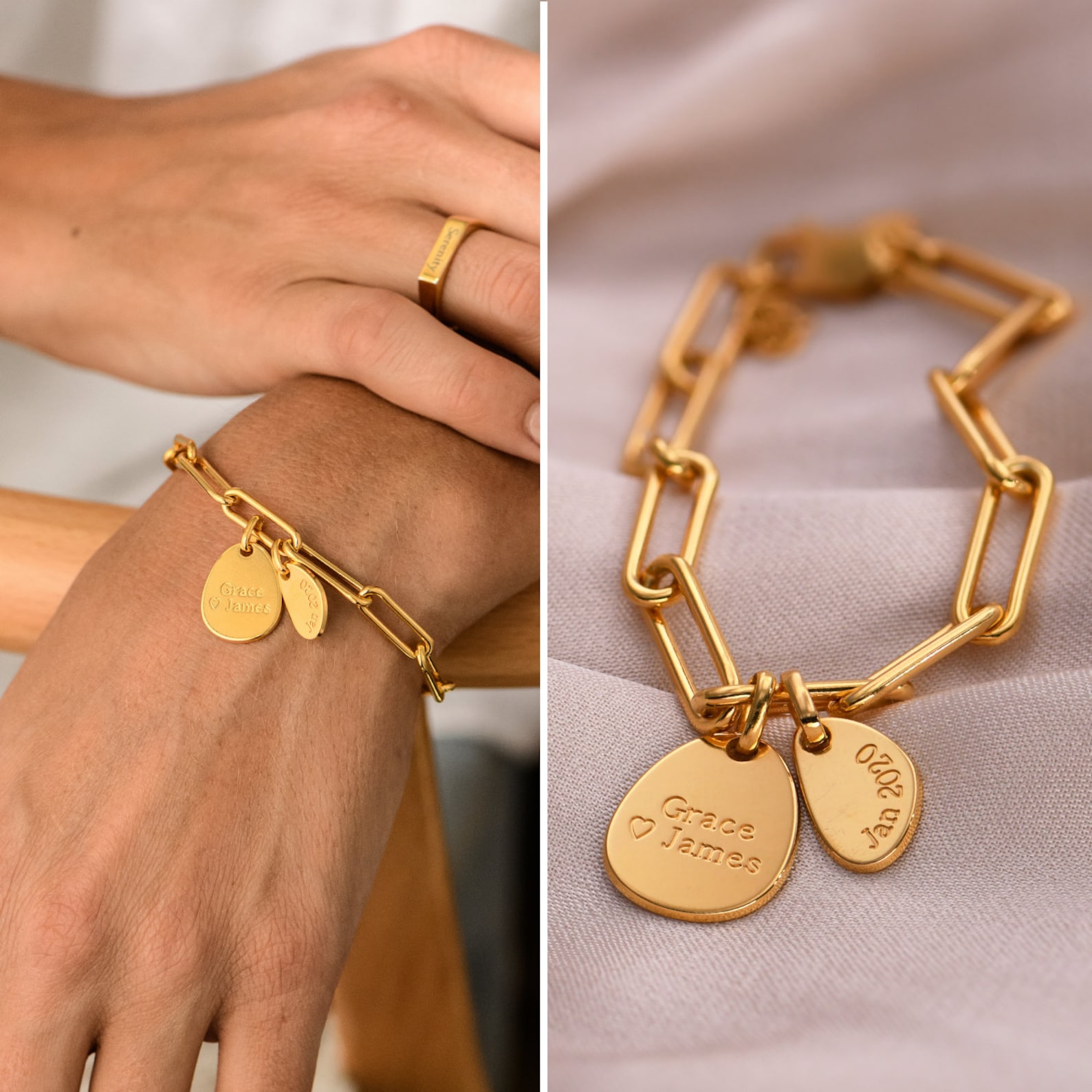 Link Chain Charm Bracelet Engraved Drop Pendant Personalized Etsy