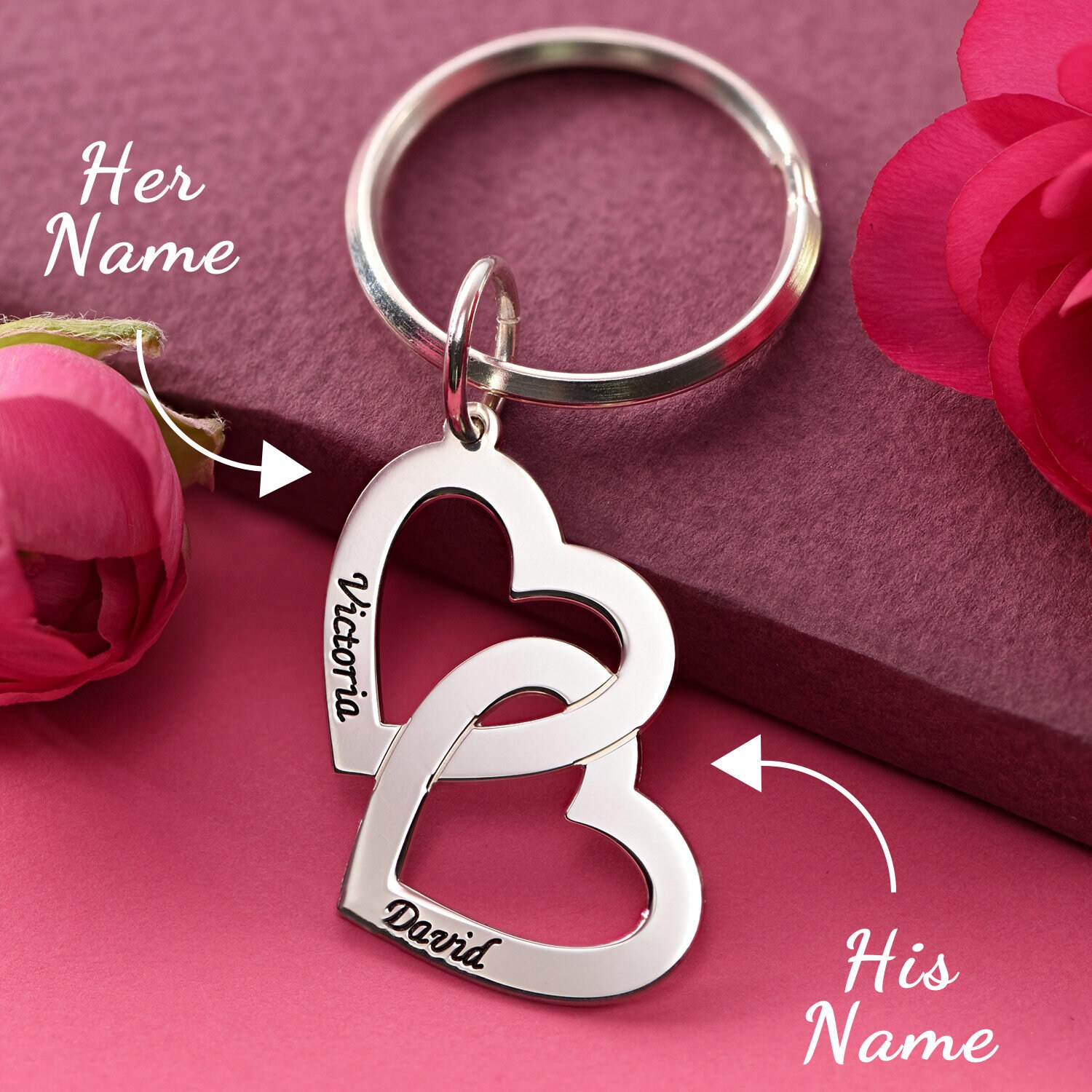 Personalized Custom Engraved Heart Keychaintwo Hearts Etsy