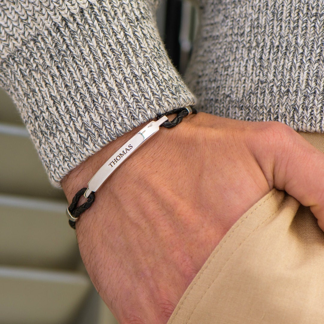 Men ID Bracelet Black Leather Cord Engraved Bar Personalized Custom