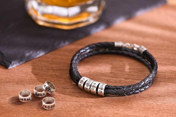 Navigator Braided Brown Leather Bracelet for Men with Custom Beads in Silver