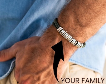 Father&#39;s Day Gift, Personalized Men&#39;s Adjustable Cord Bracelet with Engraved Name Beads • Black or Green Cord • Jewelry for Dad Him Husband