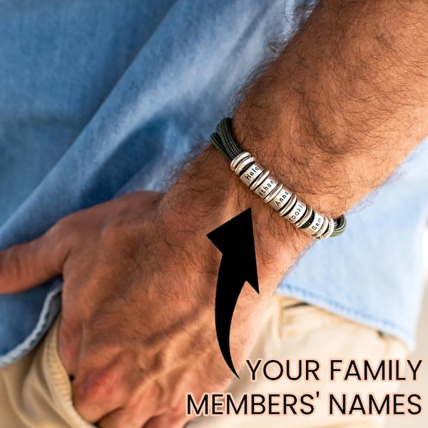 Father's Day Gift, Personalized Men's Adjustable Cord Bracelet with Engraved Name Beads • Black or Green Cord • Jewelry for Dad Him Husband