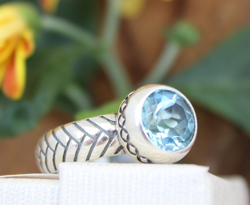 Sterling silver 925 texture oxidized ring with birthstone blue topaz blue pattern band ring December stone big unique women gemstone