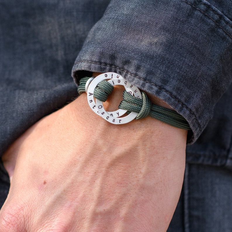 personalized gift Rope Men Bracelet Engraved Custom Hoop in Sterling Silver-Black or Green Cord Custom engraved bracelet Gifts for men