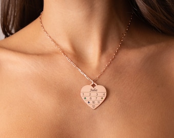 Personalized 12 Month Calendar Heart Necklace with Diamonds and Birthstone • Engraved Jewelry Gift for Mom or Grandma • Christmas Gift
