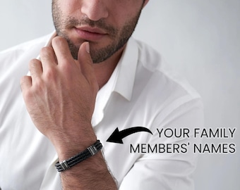 Father&#39;s Day Gift, Personalized Leather Bracelet with Engraved Vertical Oxidized Beads • Black Braided Jewelry for Dad Him Husband