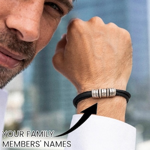 Regalo del Día del Padre, Pulsera de Cuentas de Plata Personalizable para Hombre con Grabado • Cordón Ajustable • Joyas Personalizadas para Papá, Él y Esposo