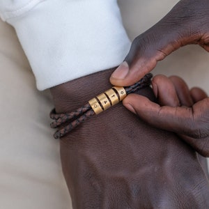 Engraved Small Beads Bracelet with Brown or Black Leather Cord Gold Vermeil Jewelry Father's Day Gift for Him Men Husband Boyfriend image 4