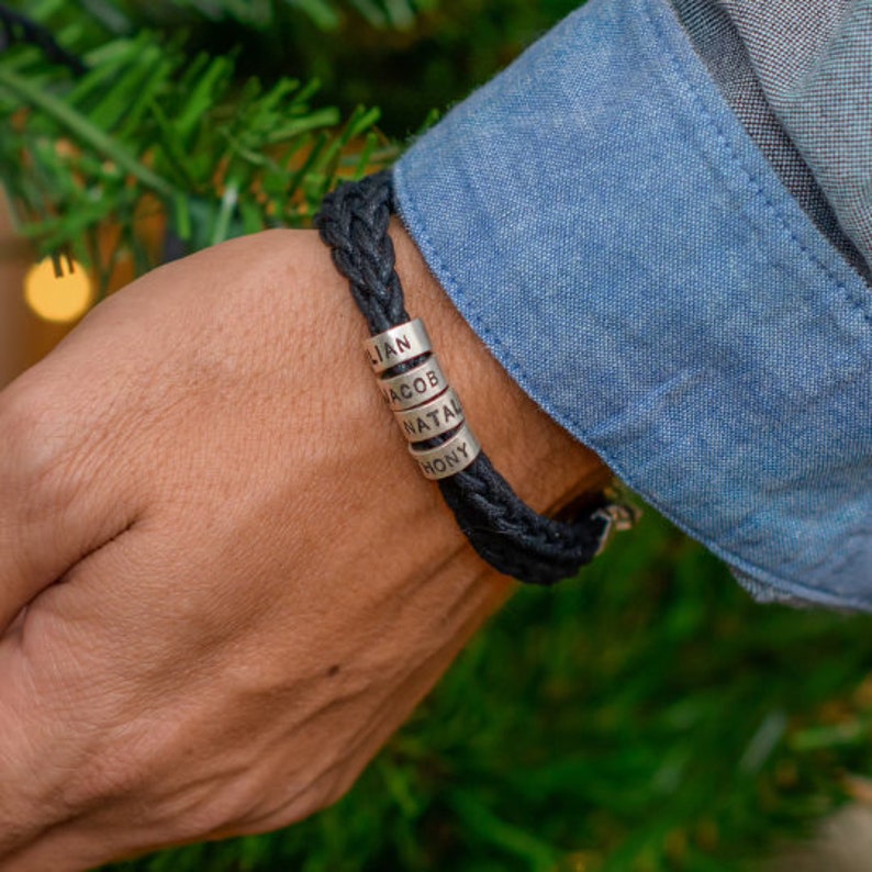 Custom Engraved Brown/Black Leather Bracelet with Small Silver Beads Personalized Names Father's Day Jewelry Gift for Him Dad Husband image 7