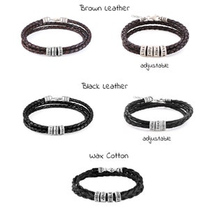 Custom Engraved Brown/Black Leather Bracelet with Small Silver Beads Personalized Names Father's Day Jewelry Gift for Him Dad Husband image 2