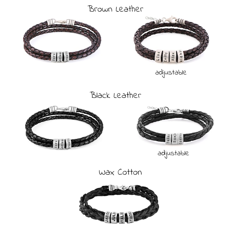 Custom Engraved Brown/Black Leather Bracelet with Small Silver Beads Personalized Names Father's Day Jewelry Gift for Him Dad Husband image 2