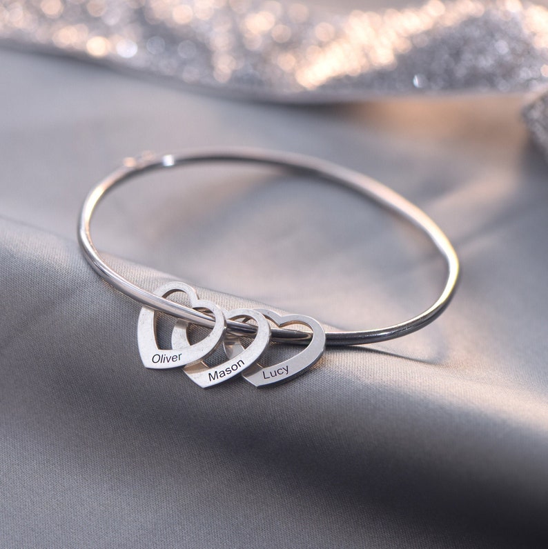 Personalized Bangle Bracelet With Heart Shape Pendants in Etsy
