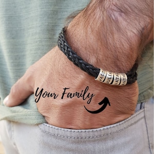 Personalized Men's Bracelet with Custom Engraved Beads Leather Cord with Silver / Gold plated Beads Valentine's Day jewelry Gift for Men image 1