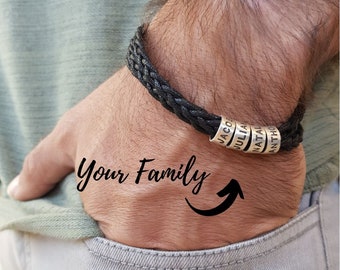 Personalized Mens Bracelet with Small Custom Beads in Sterling Silver-Leather Engraved Man Dad Valentines Day Gift for Men Boyfriend Husband