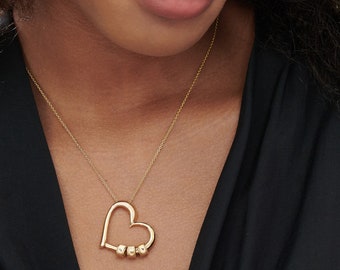 Customized Heart Necklace with Engraved Initial Beads • Sterling Silver or Solid Gold • Personalized Engraved Jewelry Gift for Her, Mom