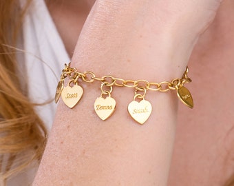 Custom Engraved Gold Heart Shaped Engraved Charm Bracelet • Personalized Hearts Charms Pendant Jewelry Gift for Mom • Mother's Day Gift