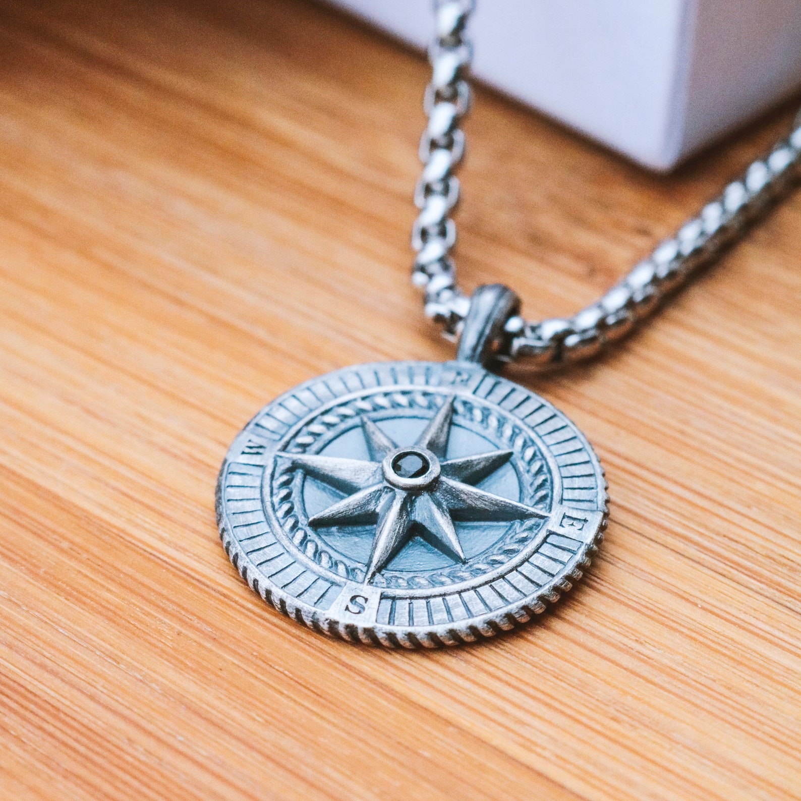 Men's Engraved Compass Pendant Necklace in Silver - Etsy