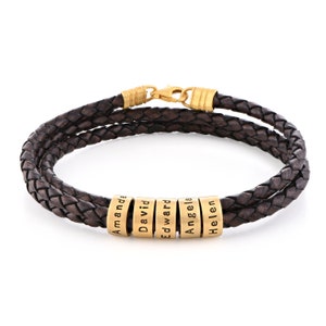 Custom Engraved Gold Beads with Brown or Black Leather Cord Personalized Bracelet Jewelry Gift for Him Husband Boyfriend image 3