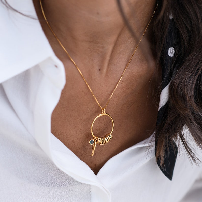 Gold Circle Pendant Necklace Custom Engraved Beads Leaf Etsy