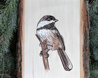 Chickadee art wood slice cabin art bird lover gift
