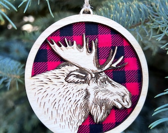 Moose plaid ornament wood moose Christmas ornament cabin rustic fabric wood ornament