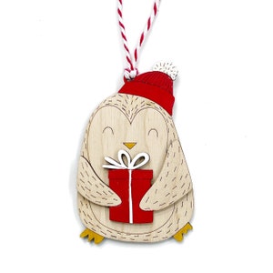 Penguin ornament folk wood ornament present winter snow bird ornament layered wood