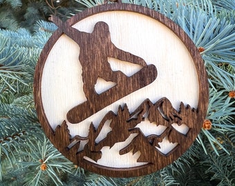 Snowboarding ornament, snow boarder ornament two layer wood ornament