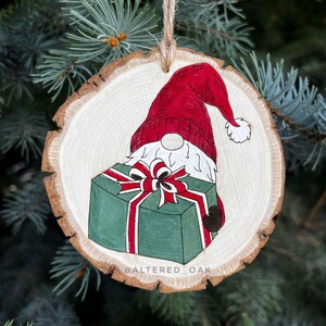 Gnome Christmas ornament hand painted wood slice white elephant unique christmas ornament
