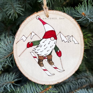 Gnome skiing ornament hand painted wood slice ski ornament white elephant gift