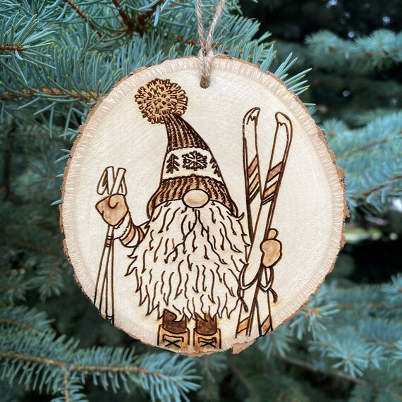 Gnome Ski Christmas Ornament Wood Burned Gnome Art Ski Lover - Etsy