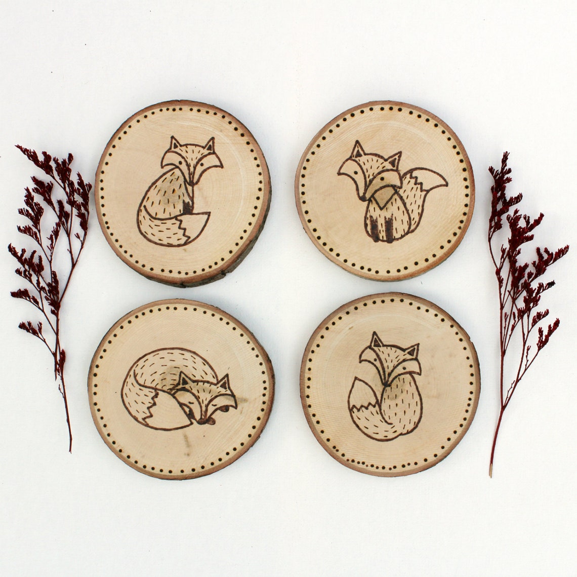 Folk Foxes Wood Coasters Fox Wood-burned Coasters Fox - Etsy