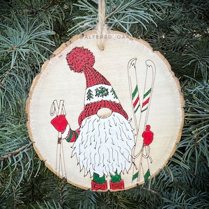 Gnome ski ornament Hand painted Christmas ornament gnome art ski lover gift wood slice cabin
