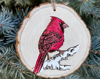 Cardinal painted ornament cardinal drawn wood slice ornament