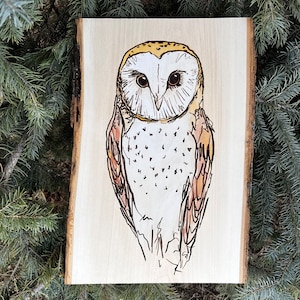 Barn owl art wood slice mixed media bird lover gift