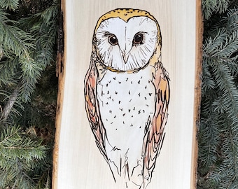 Barn owl art wood slice mixed media bird lover gift