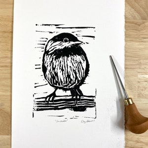 Chickadee bird Lino print woodblock print art