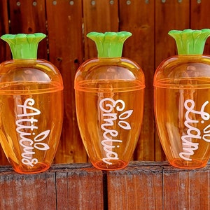 May include: Three orange carrot-shaped cups with green tops. The cups are labeled "Atticus", "Emelia", and "Lidan" in white lettering.