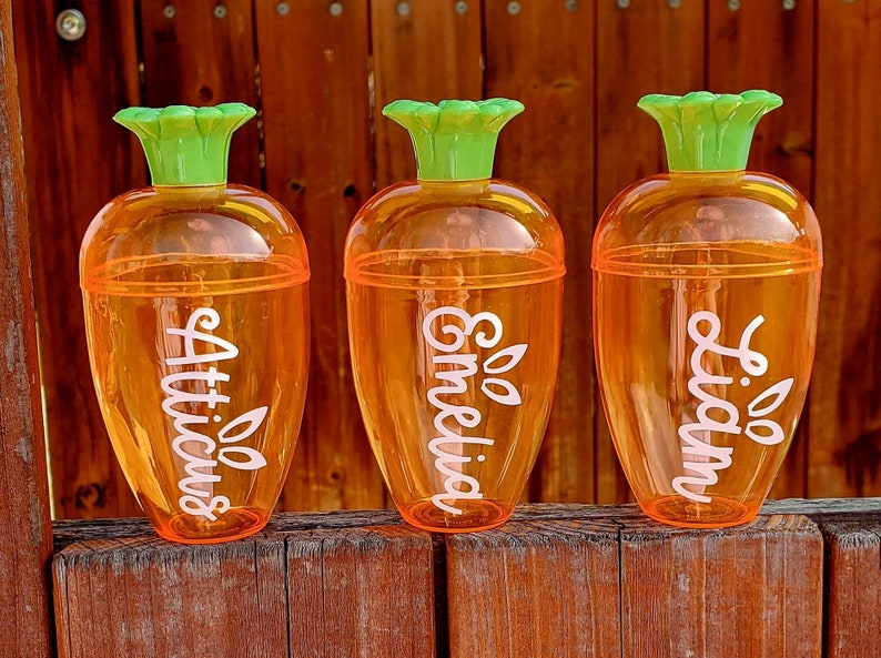 May include: Three orange carrot-shaped cups with green tops. The cups are labeled "Atticus", "Emelia", and "Lidan" in white lettering.