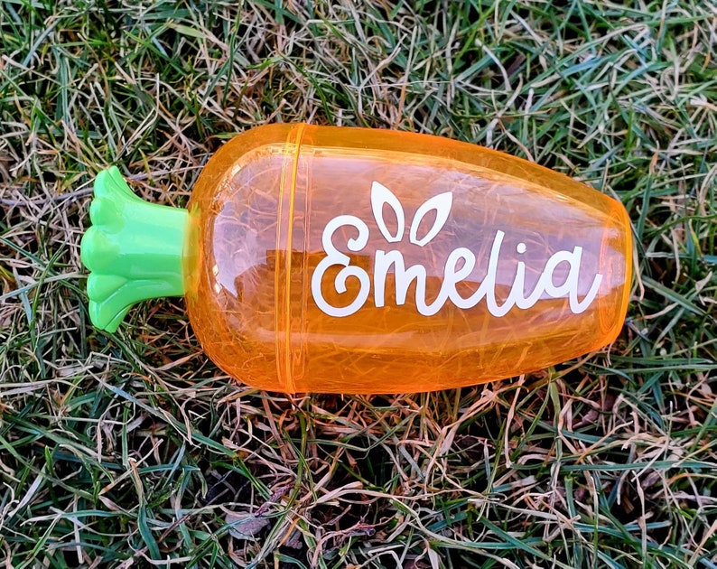 May include: A clear orange carrot-shaped container with a green top. The container has the name "Emeli" written on it in white.