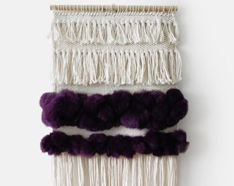 Woven Wall Hanging: Boho Cotton Tapestry with Purple Accents