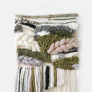 Olive green and beige woven wall hanging made of wool and cotton, hunter green woven tapestry for above bed decor, nature weave wall hanging