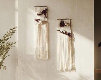 Set of Two Beige Woven Wall Hangings: Boho Woven Tapestries ideal as Long Narrow Wall Art