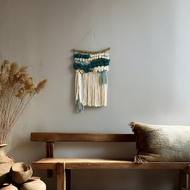 Small Woven Wall Hanging: Boho coastal tapestry for modern cottage bedroom or coastal living room image 2