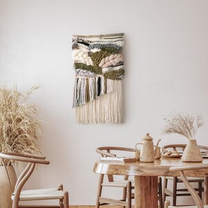 Modern woven tapestry: Neutral and green woven wall hanging ideal as above bed or couch decor for rustic living room or warm bedroom image 2