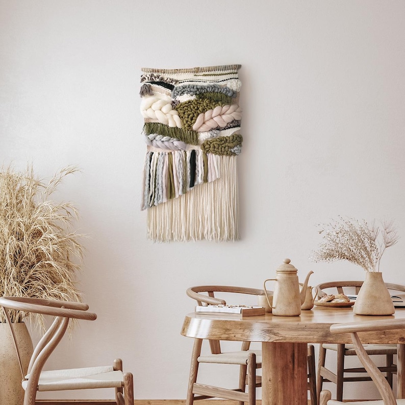 Modern woven tapestry: Neutral and green woven wall hanging ideal as above bed or couch decor for rustic living room or warm bedroom image 2