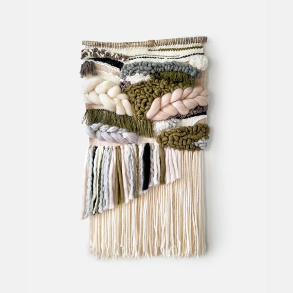 Modern woven tapestry: Neutral and green woven wall hanging ideal as above bed or couch decor for rustic living room or warm bedroom
